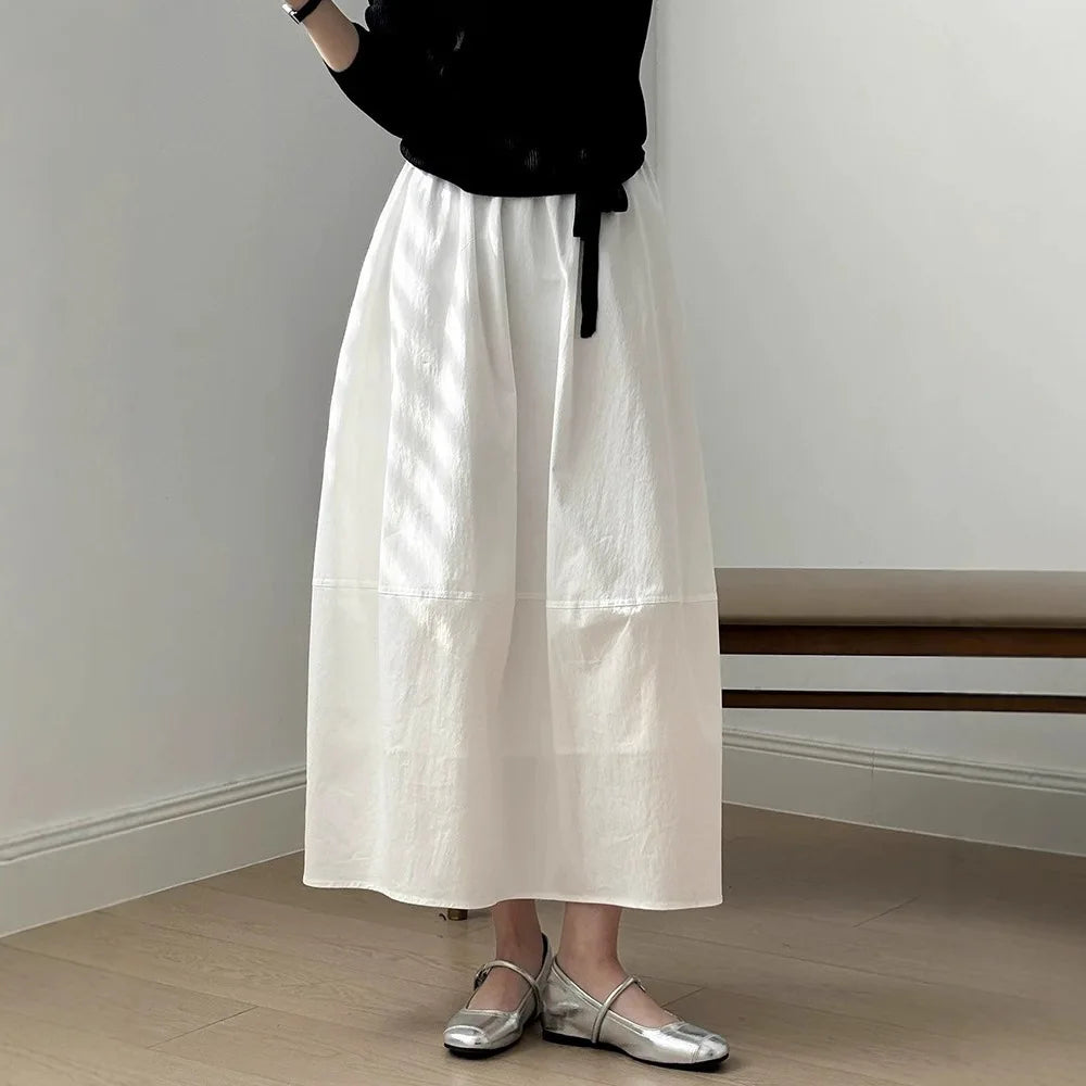 Spring Summer White Long Skirts for Woman Elegant Elastic High Waist Flared Umbrella Skirt Woman Casual Solid A-Line Maxi Skirt